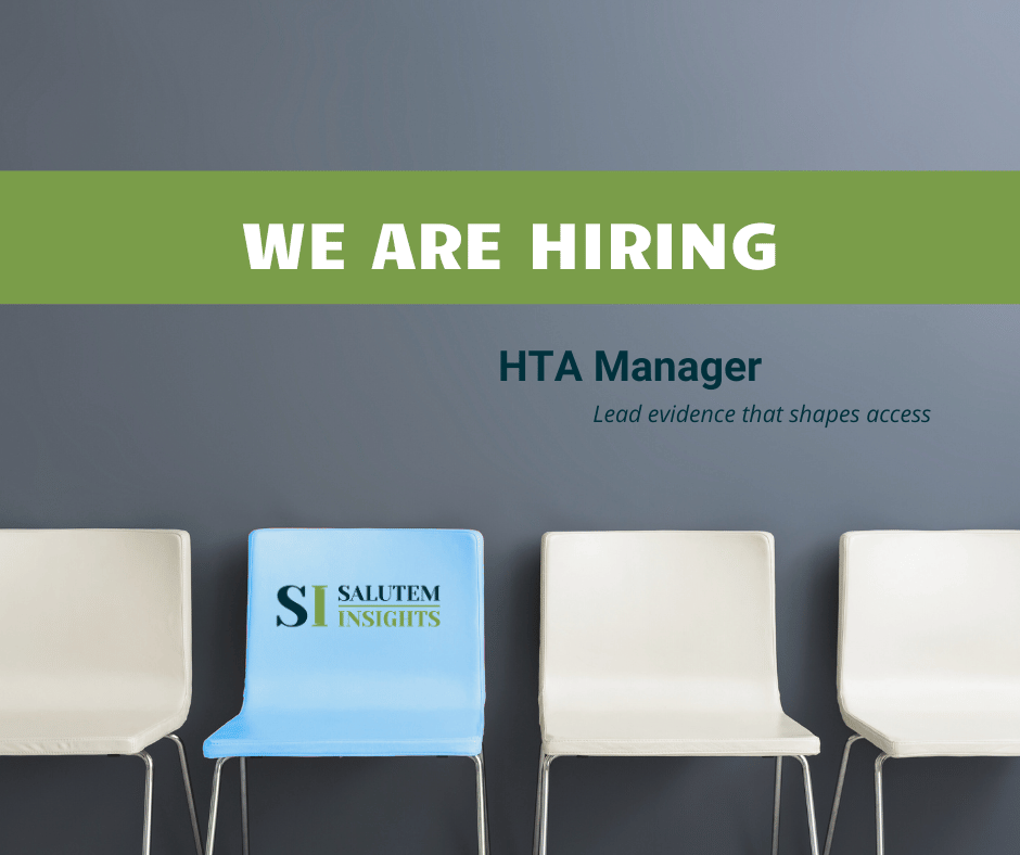 Graphic recruitment advert with the headline “WE ARE HIRING” and the role title “HTA Manager” with the tagline “Lead evidence that shapes access.” Below, a row of waiting-room chairs is shown; one chair displays the Salutem Insights logo.